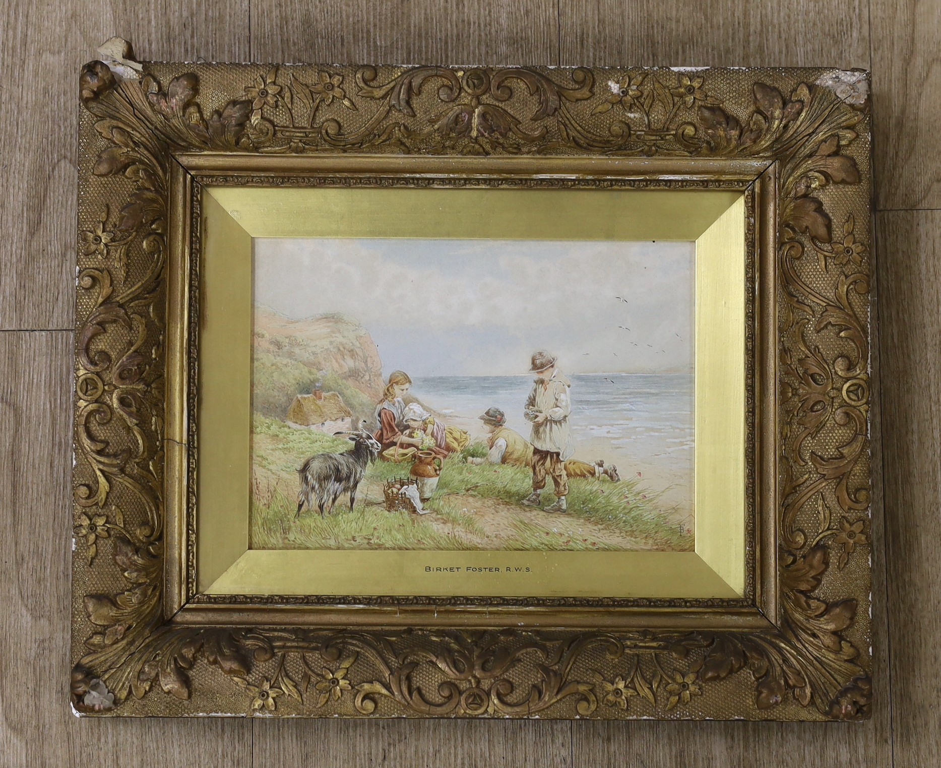 After Myles Birkett Foster (1825-1899) watercolour, Children with a goat, resting on a coastal path, bears monograms, 17 x 24cm